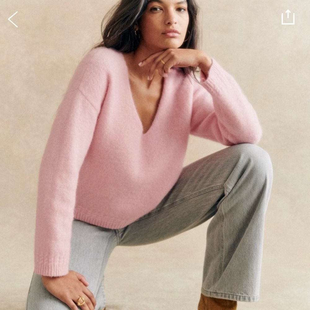 Sezane Soft Pink V-Neck Mohair Blend Sweater